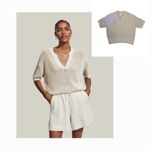Varley Cream Knit V-Neck Short Sleeve Sweater